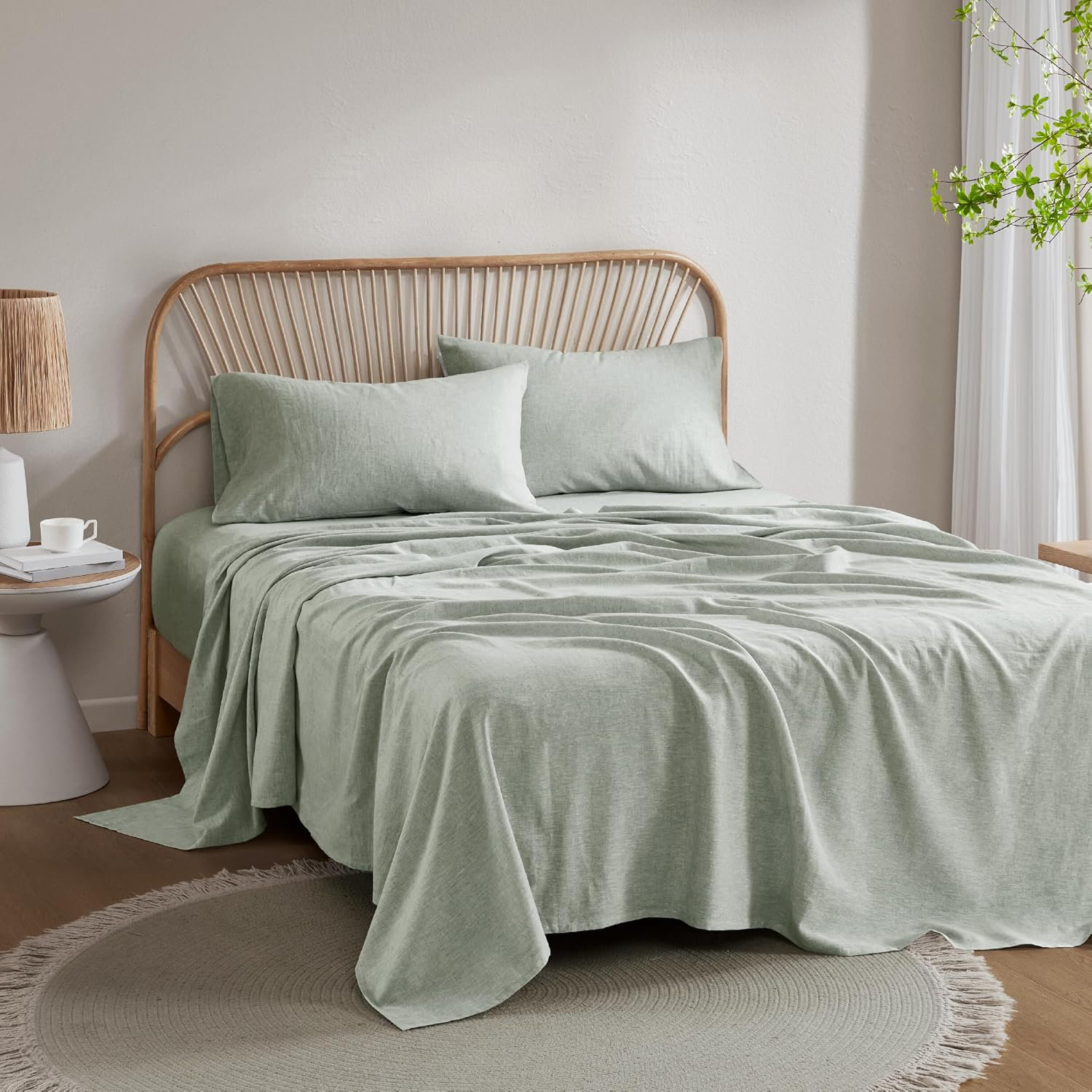 AMIPOR Organic Linen Sheet Set 4 Pcs Linen Cotton Bed Sheet Queen